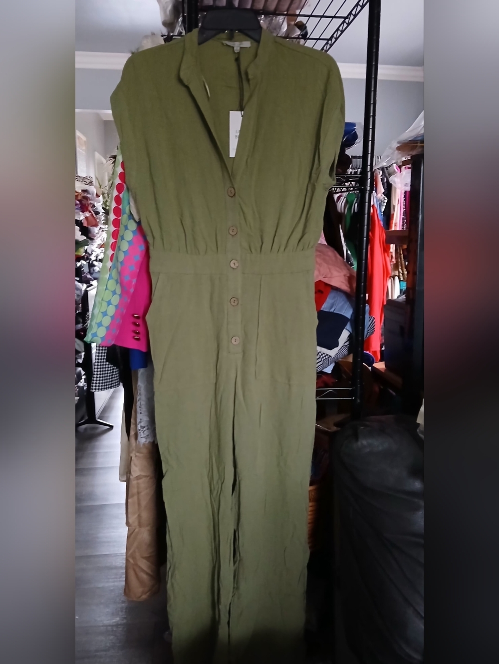 Love Tree Olive Green Linen-Blend Button Front Dress